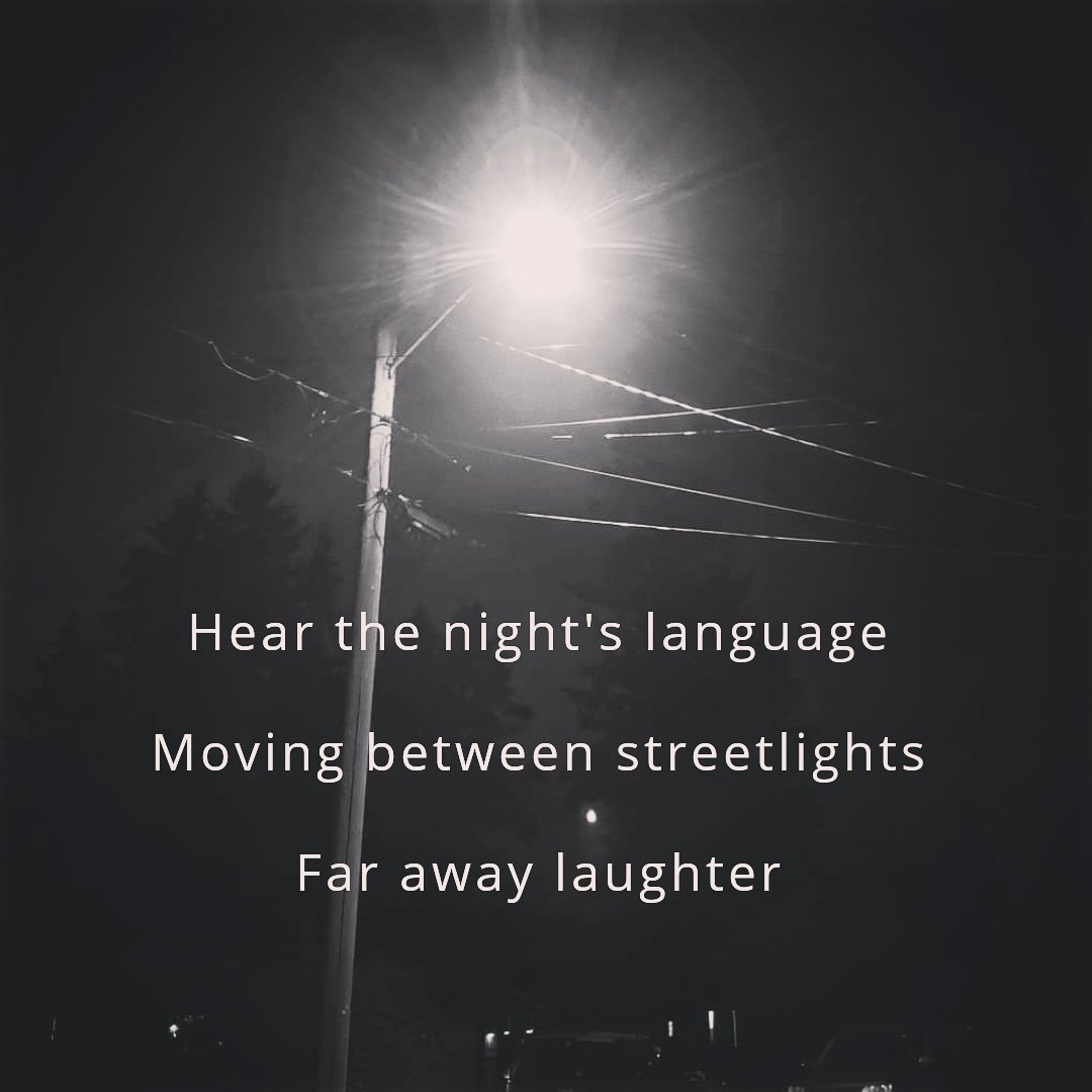 Hear the night's language, Moving between streetlights 
Far away laughter 